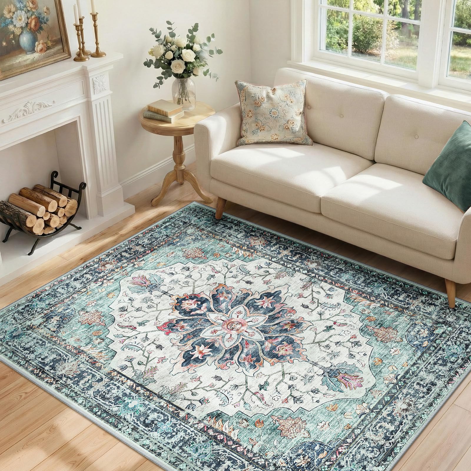 RELEANY Area Rugs 4'x6' Washable Non-Slip, Floral Vintage Distress Print Pattern Medallion Carpet for Living Room Bedroom Dining Room, Green Navy Blue