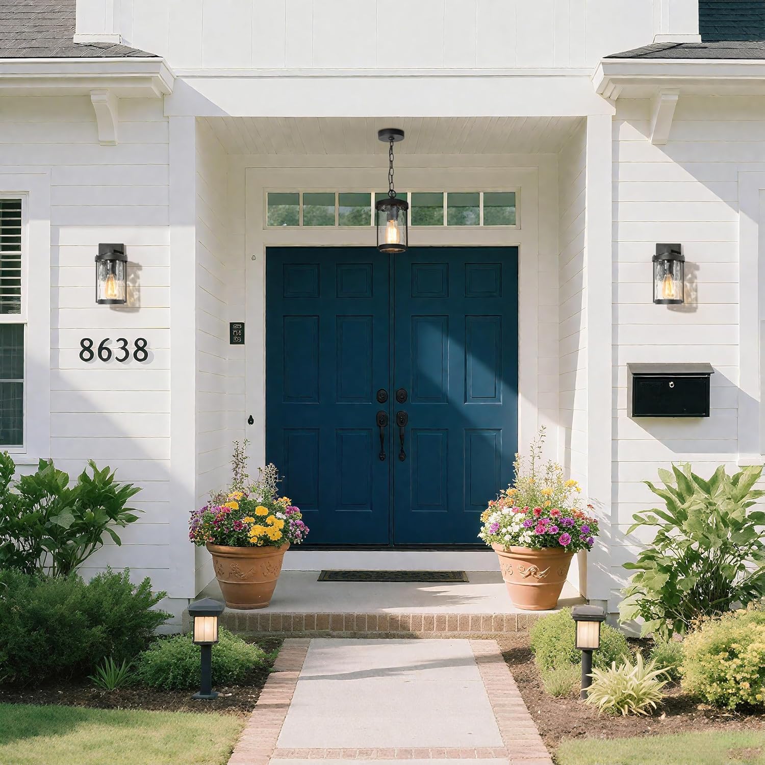 KSANA Outdoor Pendant Lights, Black Exterior Hanging Light for Porch with Textured Glass, Modern Farmhouse Outside Ceiling Lights for Front Door, Patio and Gazebo