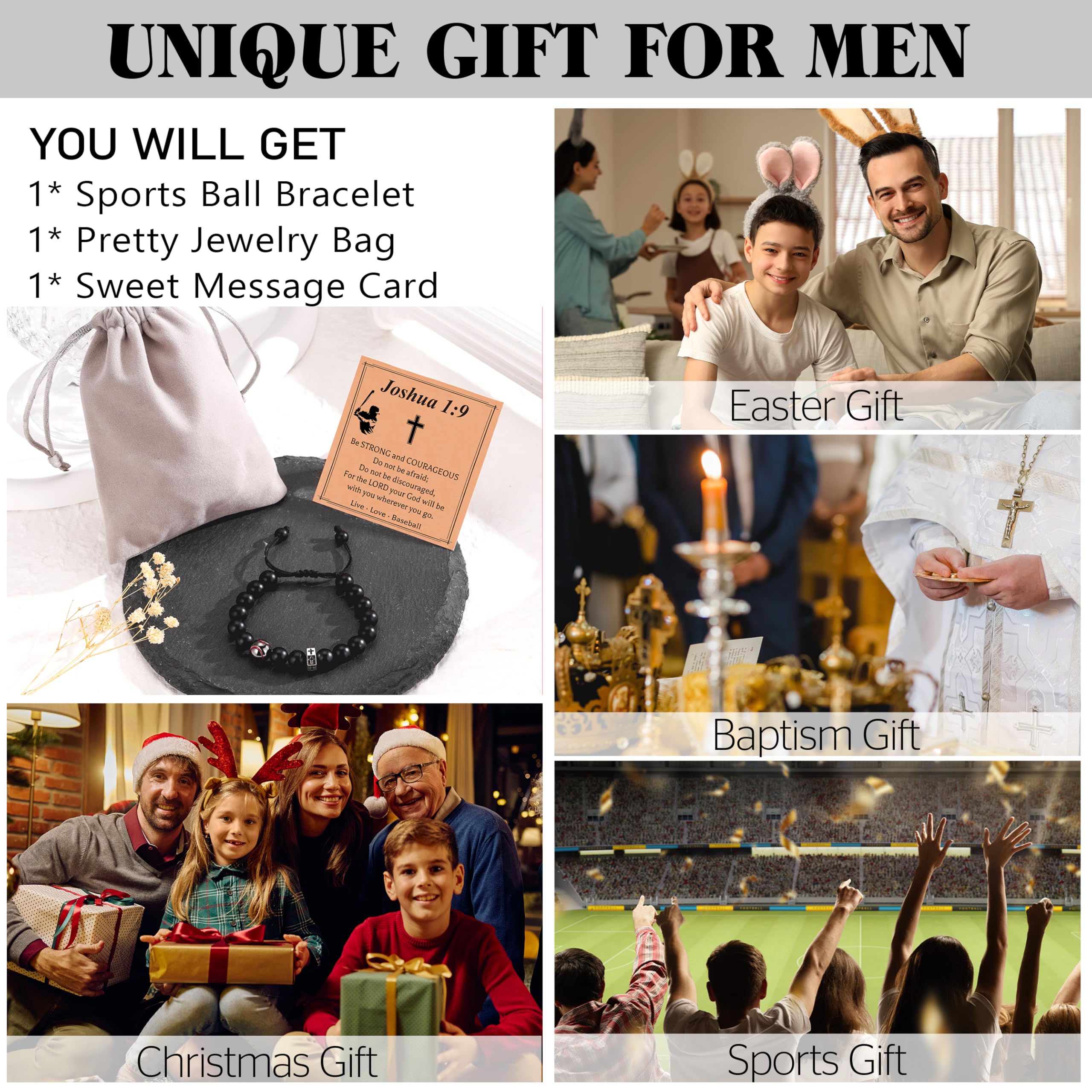 Stocking Stuffers Christmas Gift- Baseball/Basketball/Football/Soccer Bracelet for Boys Cross Beaded Bracelet Gifts for Son Grandson Players Team Fan Friends,Birthday Christmas Gifts for Men Boys