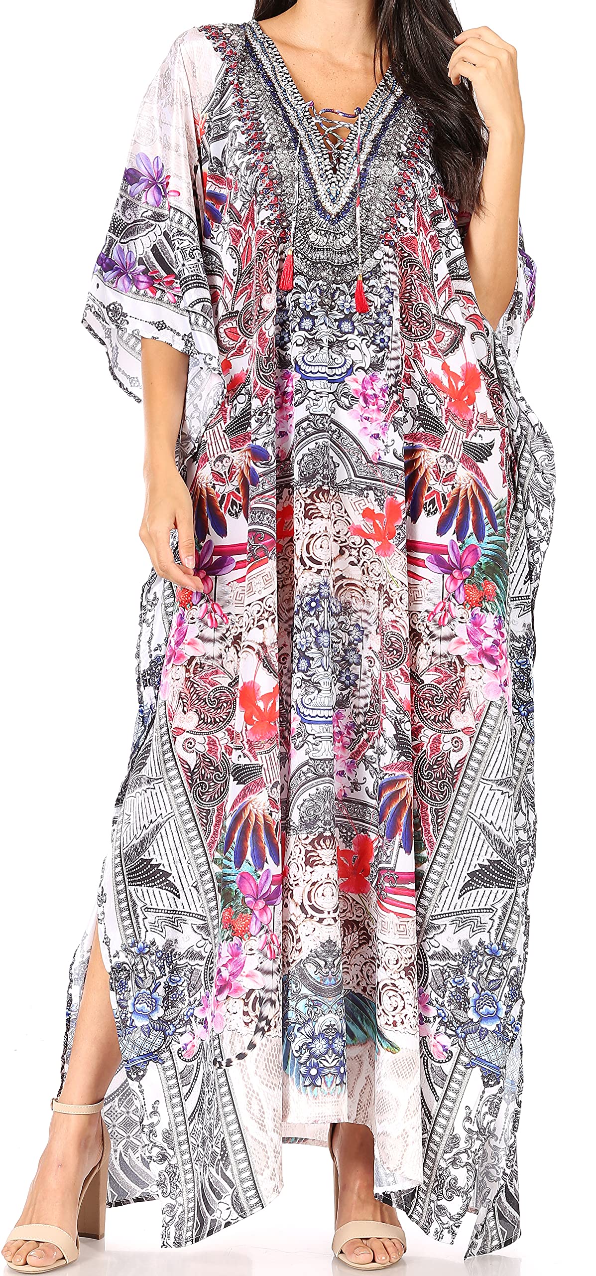 Sakkas Yeni Women's Short Sleeve V-Neck Summer Floral Long Caftan Dress Cover-up