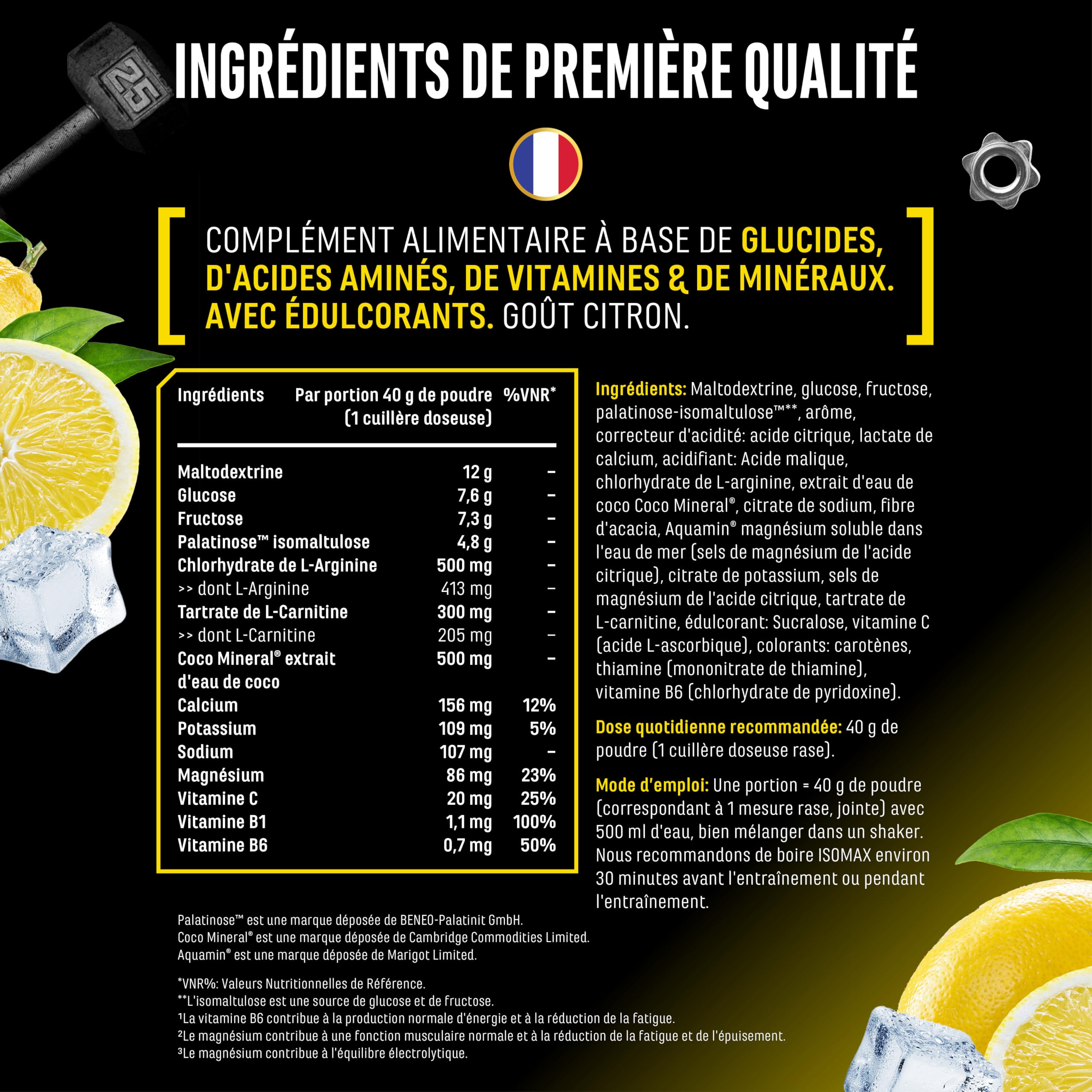 Isomax - 1000g de poudre pour boisson isotonique avec maltodextrine, glucose, eau de coco, acides aminés, électrolytes & vitamines - végétalien - avec Palatinose™, CocoMineral®, Aquamin® (citron)