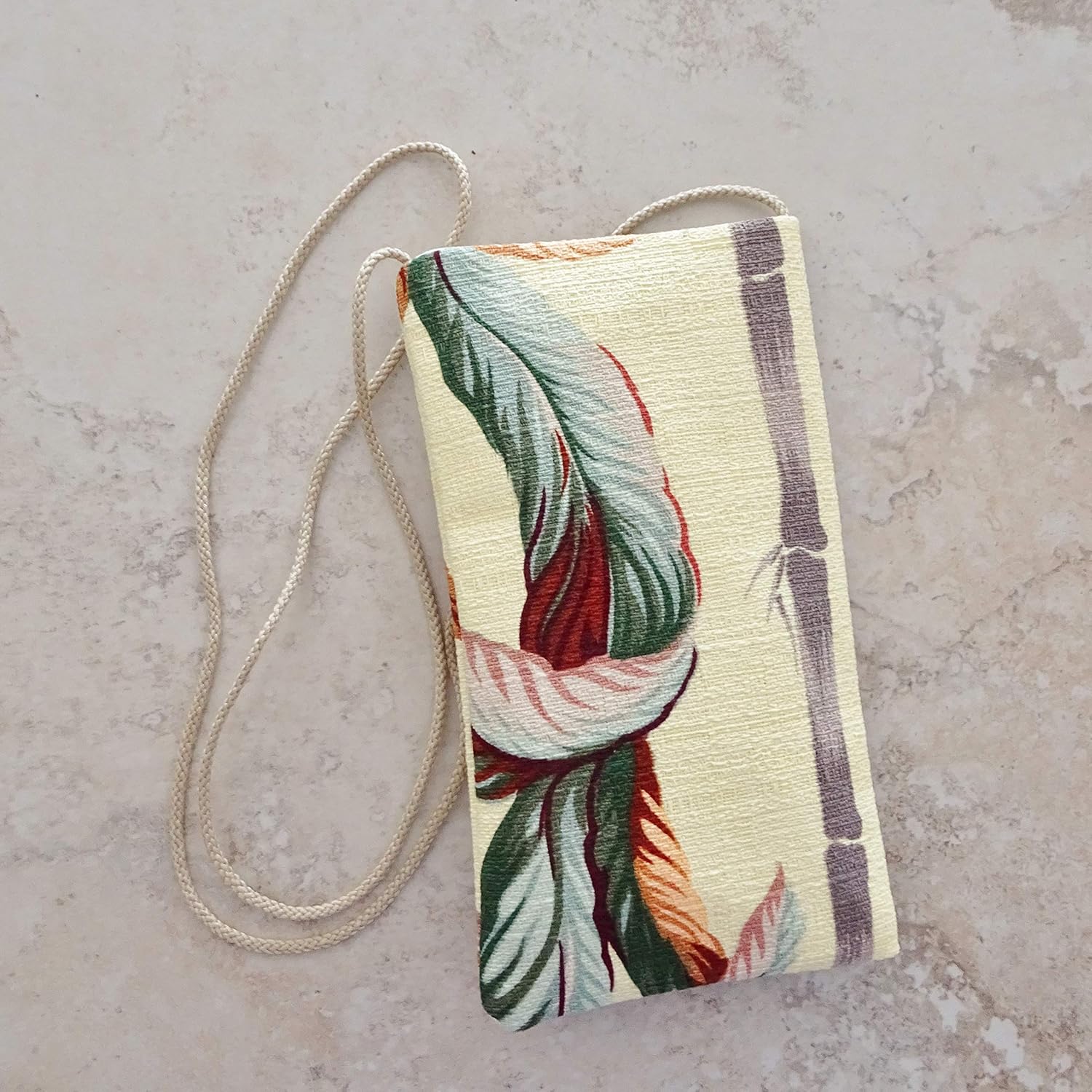 Cell Pouch - Tropical Bark Cloth Fabric Pouch Purse - Strapped Purse for Cell Phone