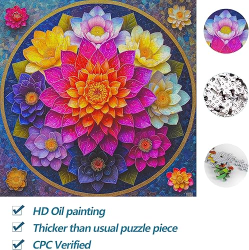 Miniatura 4 de Bgraamiens Rompecabezas de 1000 piezas de mandala coloridos para adultos, hermosos rompecabezas florales en gotas de agua, rompecabezas de arte para