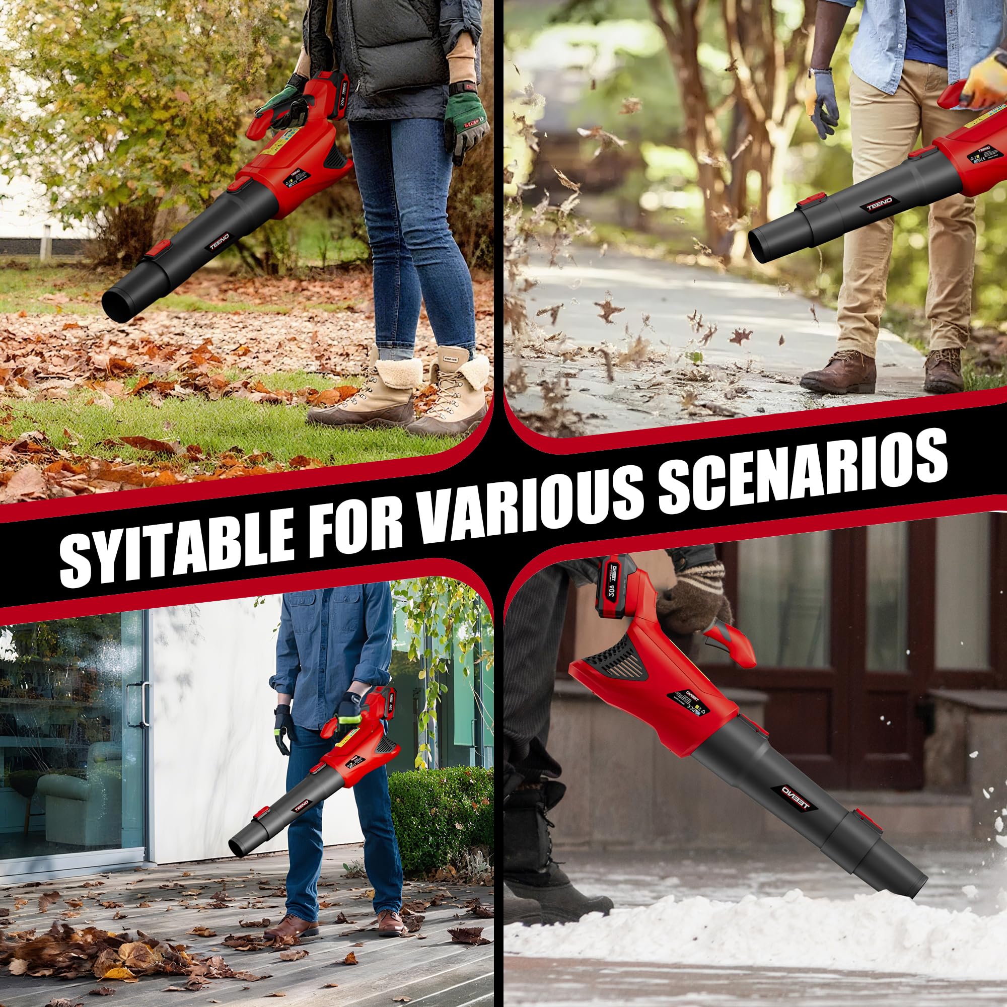TEENO Souffleur de Feuilles sans Fil 20V, 4,0Ah souffleur à Feuilles avec Batterie, 5 Modes de Vitesse pour l'entretien de la pelouse, 4500W, Le soufflage de la Neige, et Le dépoussiérage