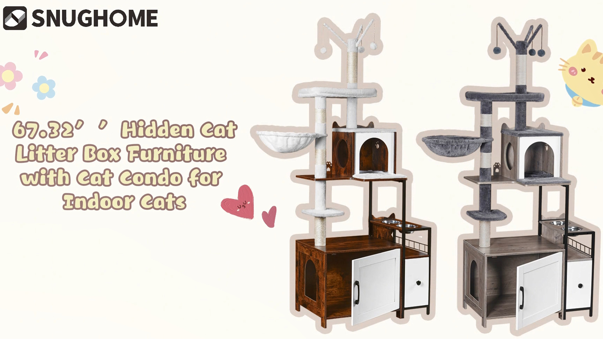 Snughome Cat Tree with Litter Box Enclosure, 3-in-1 Modern Cat Tower for Indoor Cats, 67.32’’ Hidden Cat Litter Box Furniture with Cat Condo, Food Station and Hammocks, All-in-one Cat Furniture - image 8