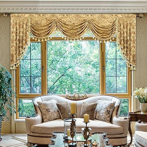 Miniatura 2 de Loom and Mill Cenefas de cascada de lujo para ventanas, elegante cenefa de cortinas de cascada de jacquard grueso con borlas para sala de estar,