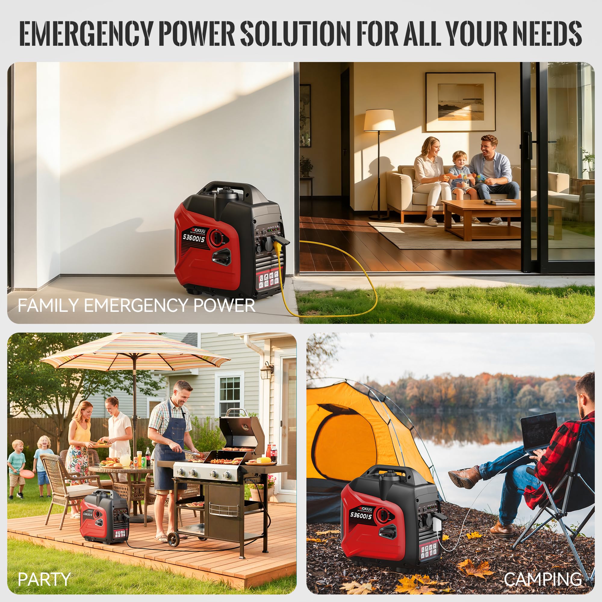 Generador portátil de 3600 W, generador inversor súper silencioso, ultraligero para respaldo del hogar, campamento al aire libre, protección de sensor de CO, EPA, modo ECO