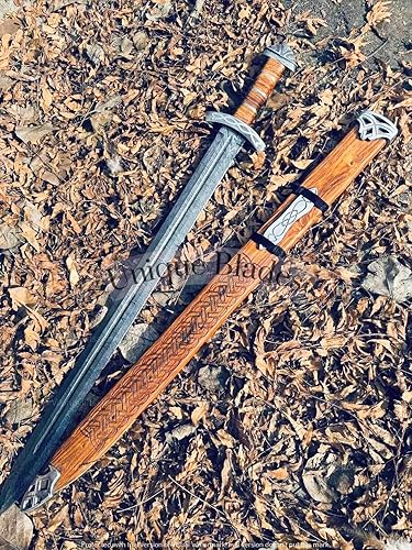 Miniatura 7 de Espada vikinga, 40.0 in, espada completa de acero de Damasco 1095, vaina de madera, ranuras de sangre, colección Battlefield