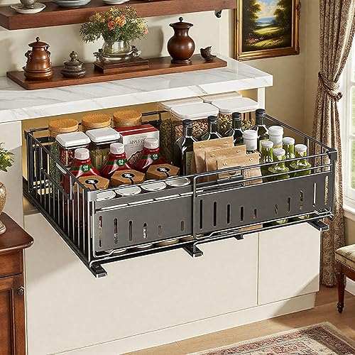 Under Sink Pull-Out Cabinet Organizer for Kitchen and Bathroom Cabinet Storage - Metal Expandable Drawers(12.8-19.49in Width) Suitable for Hair Tools,Trash Bags Black 1 Pack