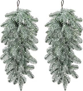 Watayo 2 Pcs Artificial Christmas Snow Teardrop Swag, 28" Faux Snow Flocked Norfolk Pine Teardrop Door Swag, White Frosted Real Touch Pine Wreath Staircase Swags for Xmas Door Mantle Fireplace Decor