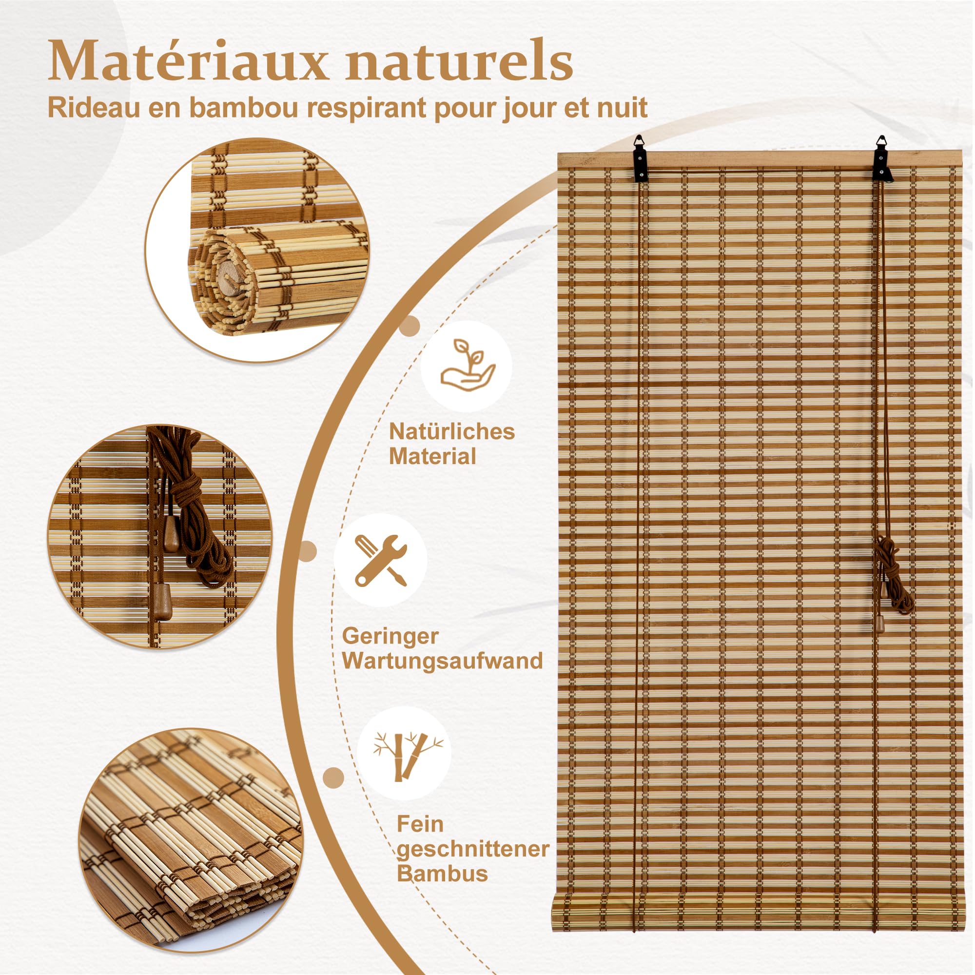 Store Occultant,Store Bambou Intérieur,Protection Solaire Protection visuelle Store à enroulement à tirage latéral pour Fenêtres et Portes,90x220CM