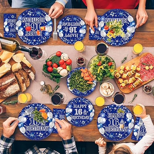 Miniatura 7 de Juego de vajilla de 96 piezas para fiesta de cumpleaños número 16, color azul y plateado, suministros de decoración de fiesta de cumpleaños de 16