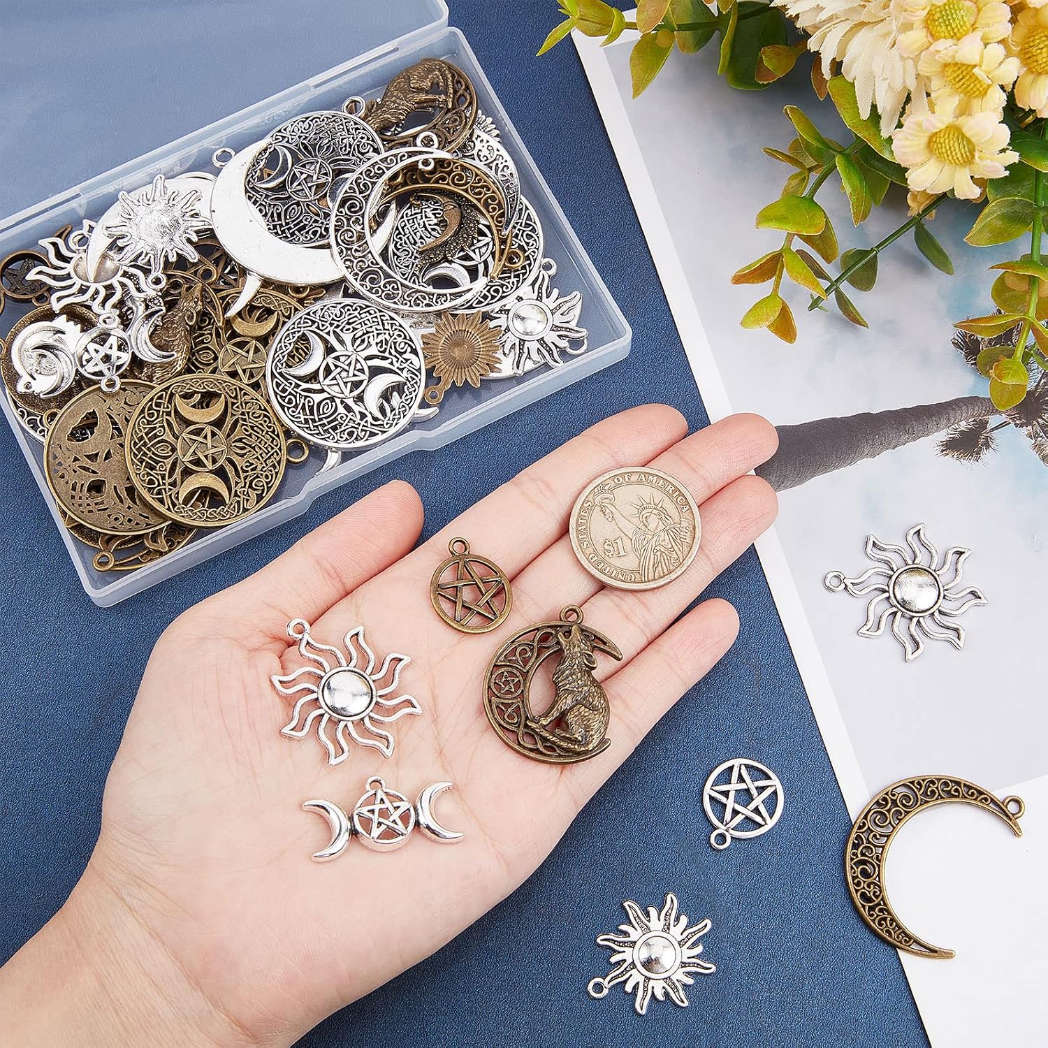 SUNNYCLUE 1 Box 72Pcs Tibetan Style Sun Charms Bulk Crescent Moon Charm Triple Goddess Moon Wolf Hollow Pentagram Star Round Metal Charms for Jewelry Making Charm Tarot Styles Craft Earrings Supplies