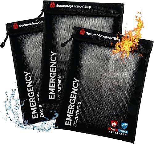 Secure My Legacy - Bolsa ignífuga (paquete de 3) bolsas de documentos ignífugas, soporte para documentos de seguridad contra incendios con