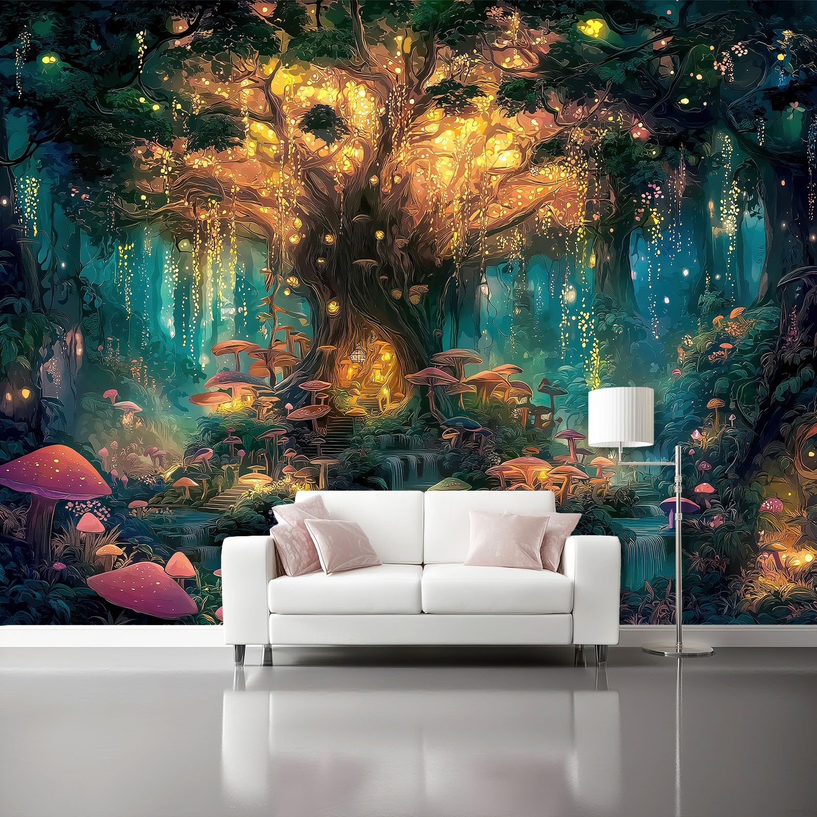 Fantasía Papel Pintado Panorámico - Bosque Encantado Plantas Mural Fotográfico Artístico 350 x 256 cm, Azul Oscuro Papel Pintado No Tejido Decoración De Pared Sala Oficina Salón Dormitorio