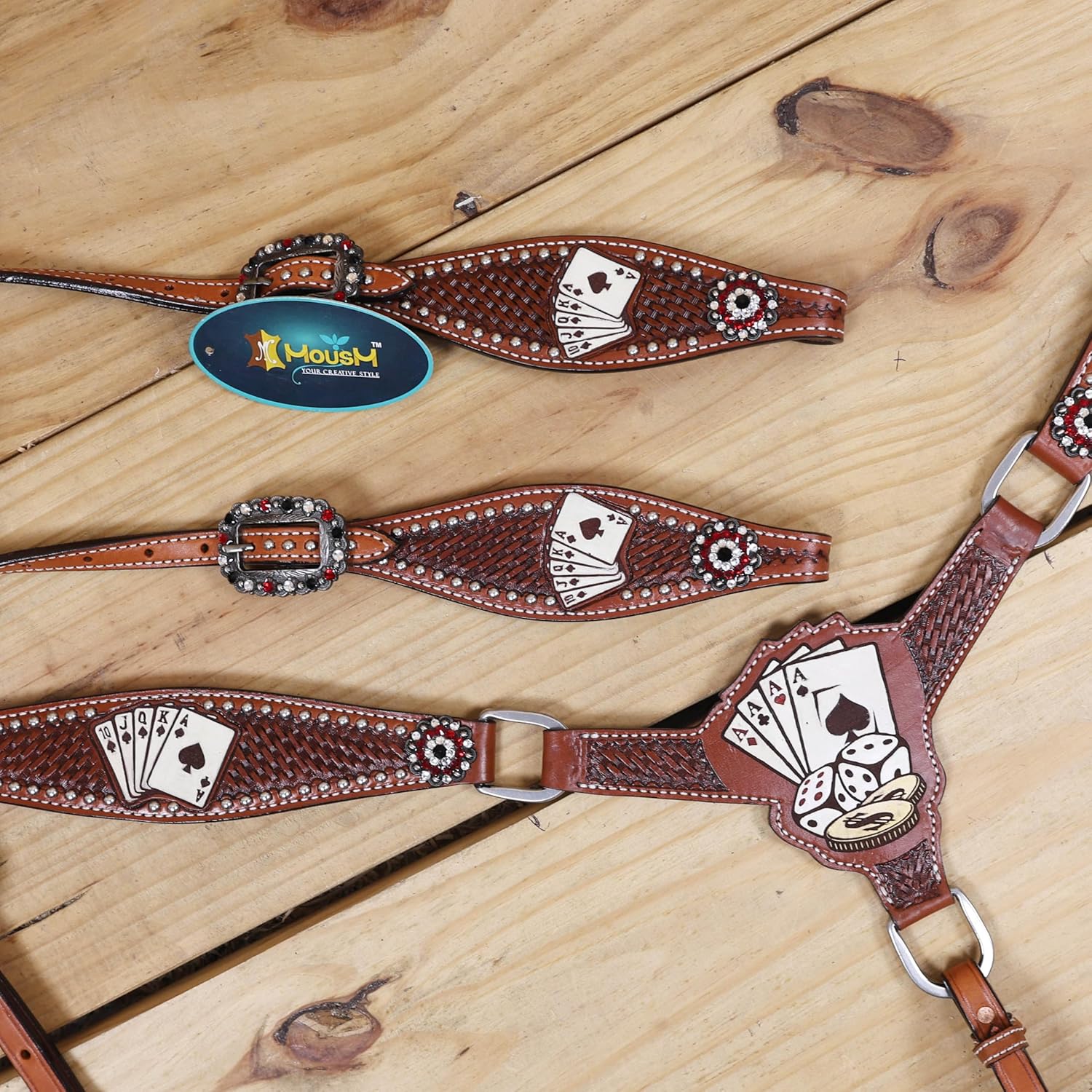Western Leather Headstall and Breast Collar Tack Set with Hand Painted Playing Cards Design, Gladiator Style Breast Collar with Silver Studs and Bling Conchos, Argentina Cow Leather