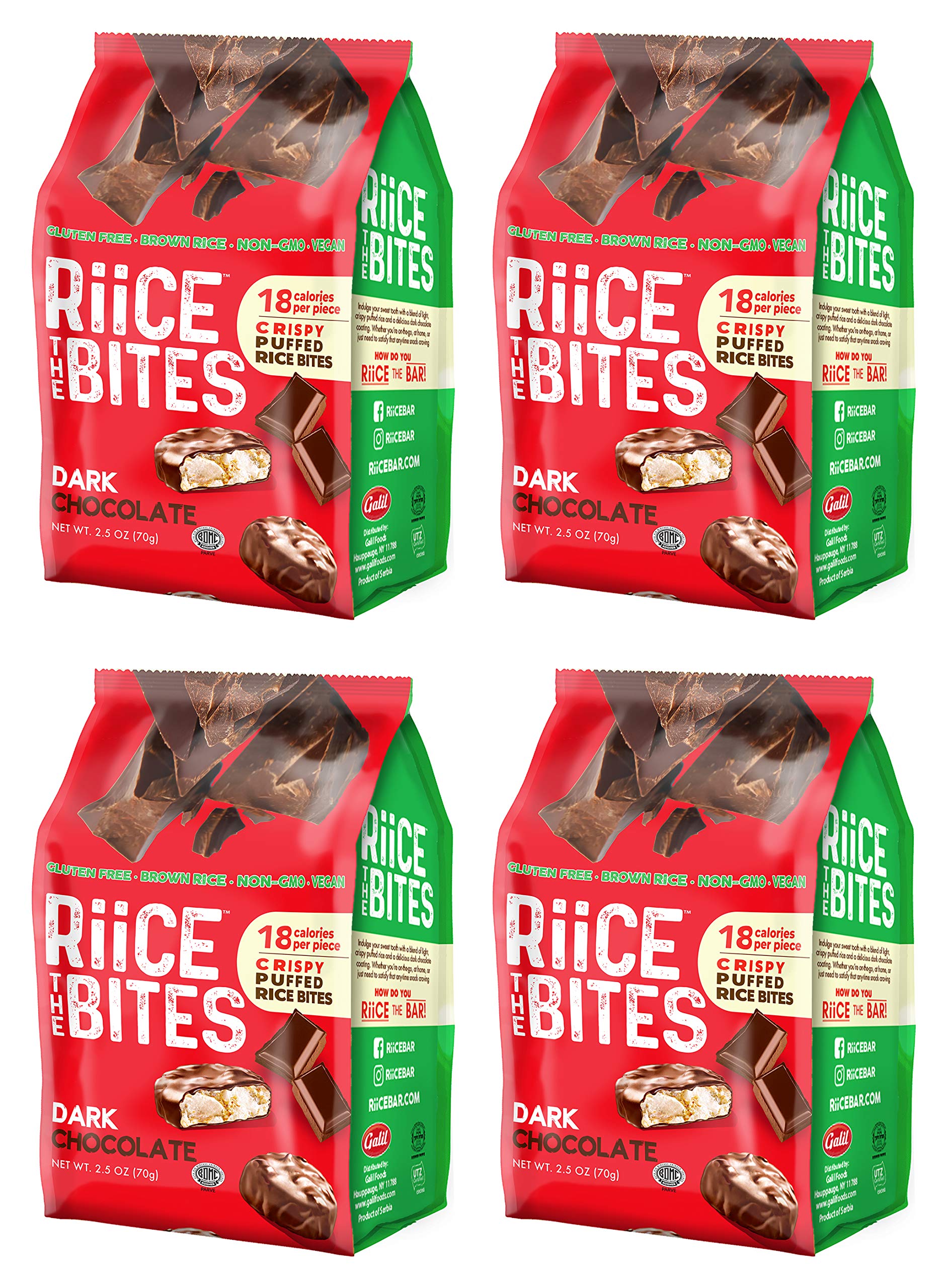 RiiCE THE BITES Puffed Brown Rice Bites Pack of 4 – Kosher, Vegan, Non-GMO, Chocolate Coated Gluten-Free, Nut-Free Snack Bites – Low Calorie Snack (Dark Chocolate)