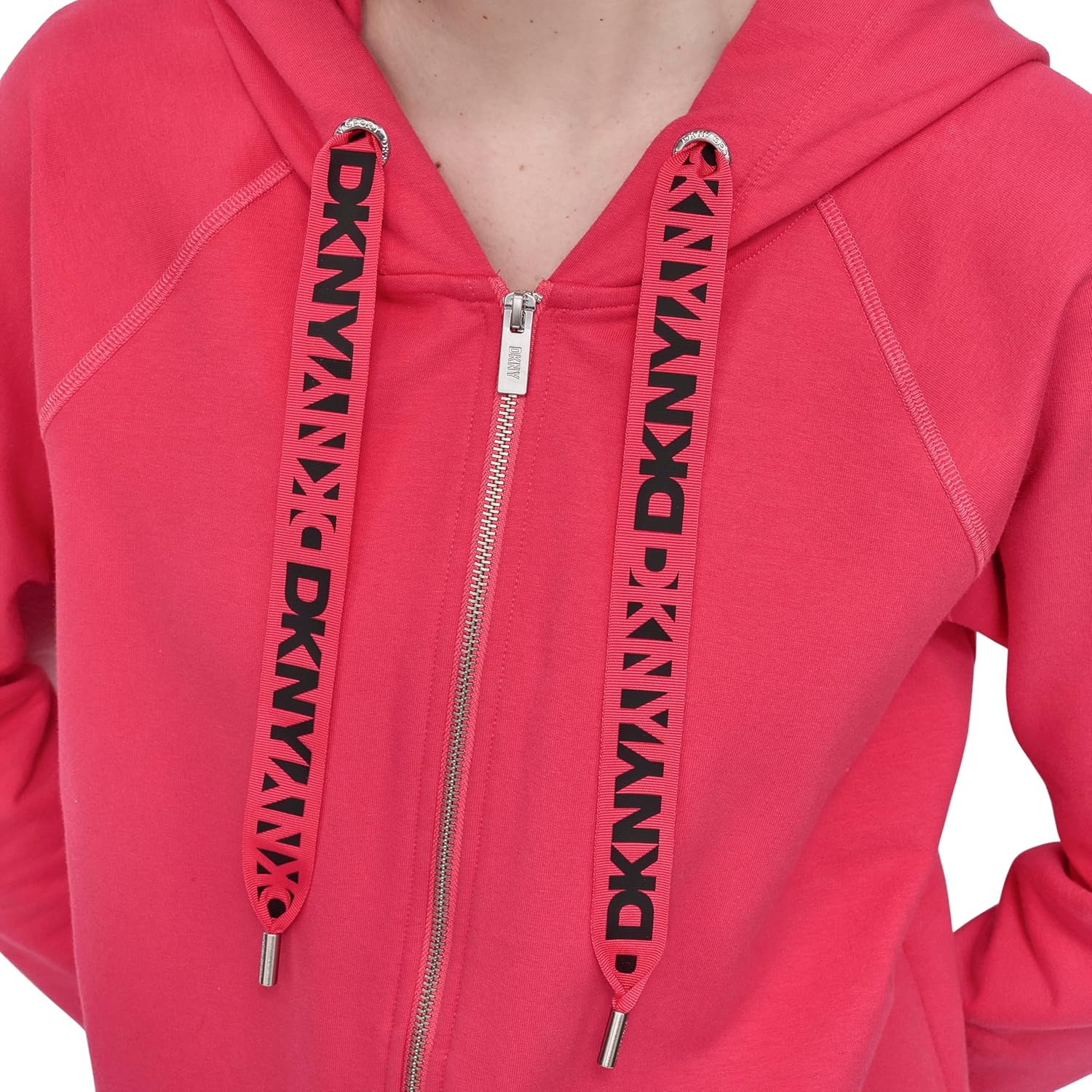 DKNY womens Two Tone Logo Drawcord Full Zip Hoodie Sweatshirt - Image 5