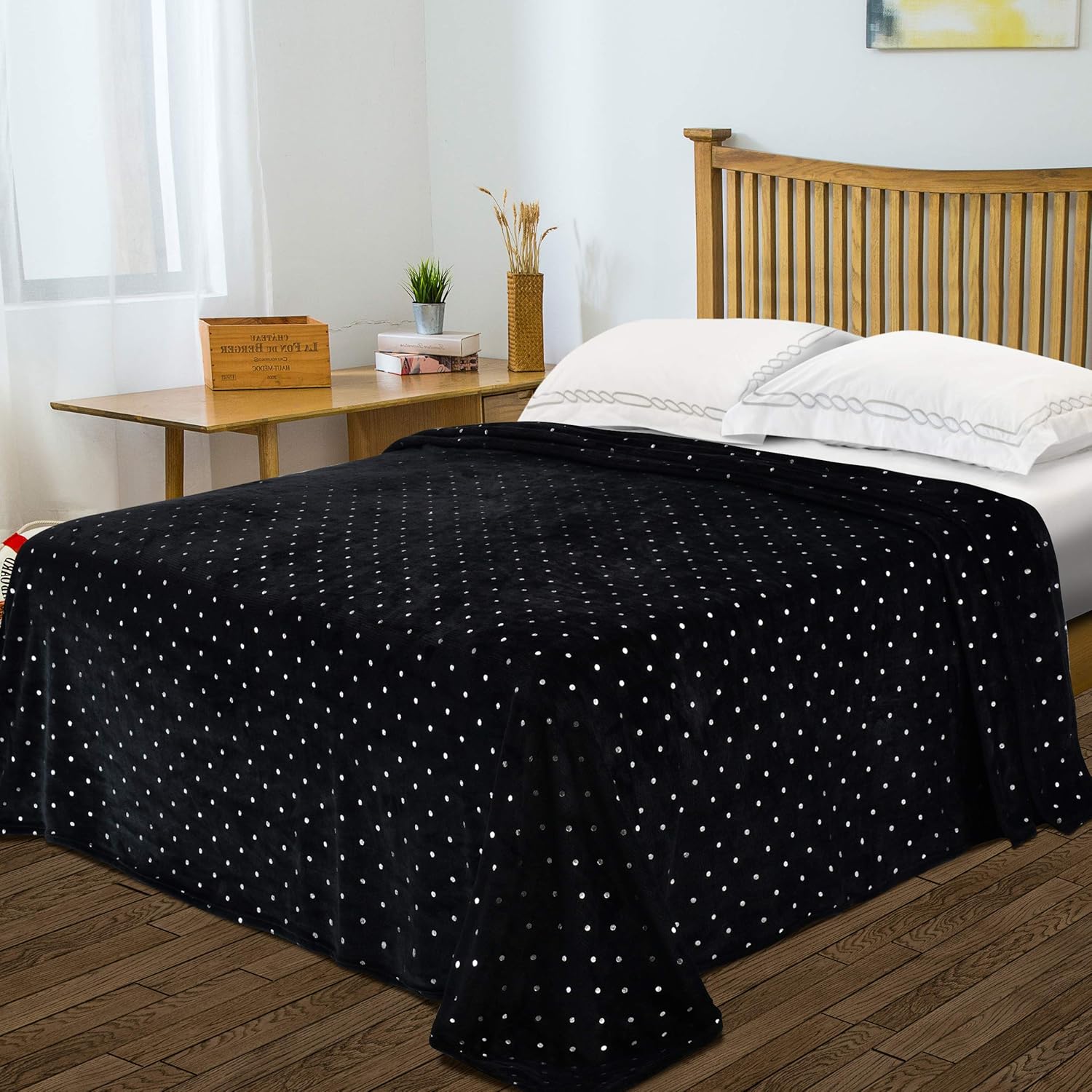 Black Polka Dot Reversible Fleece Throw Blanket