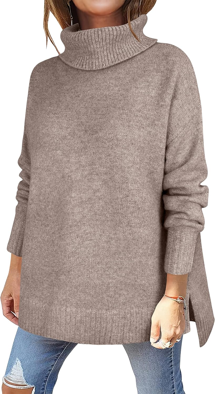 ANRABESS Womens Oversized Turtleneck Sweaters Casual Fall Long Sleeve Knit Spilt Hem Tunic Pullover Tops 2025 Winter Outfits