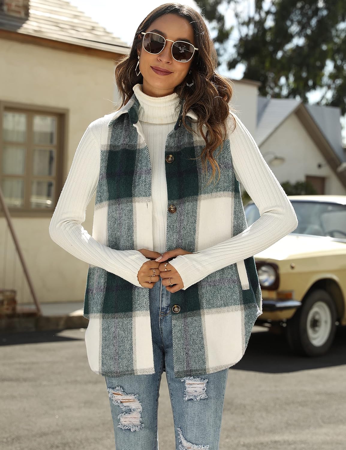 Uaneo Womens Plaid Shacket Button Down Wool Blend Fall Flannel Shirt Jacket - Image 3