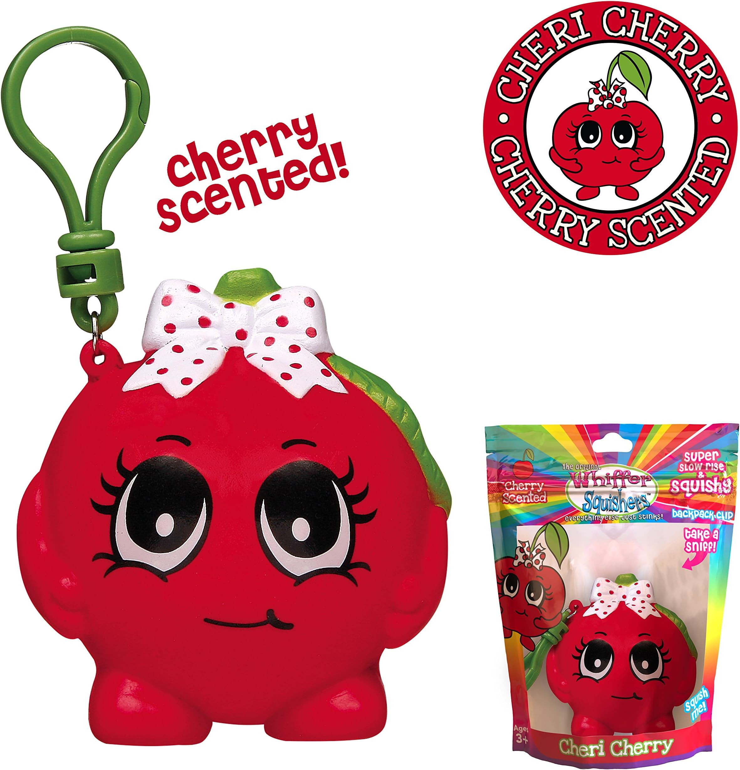 Whiffer Squishers 'Cheri Cherry' Slow Rising Squishy Toy Cherry Scented Backpack Clip