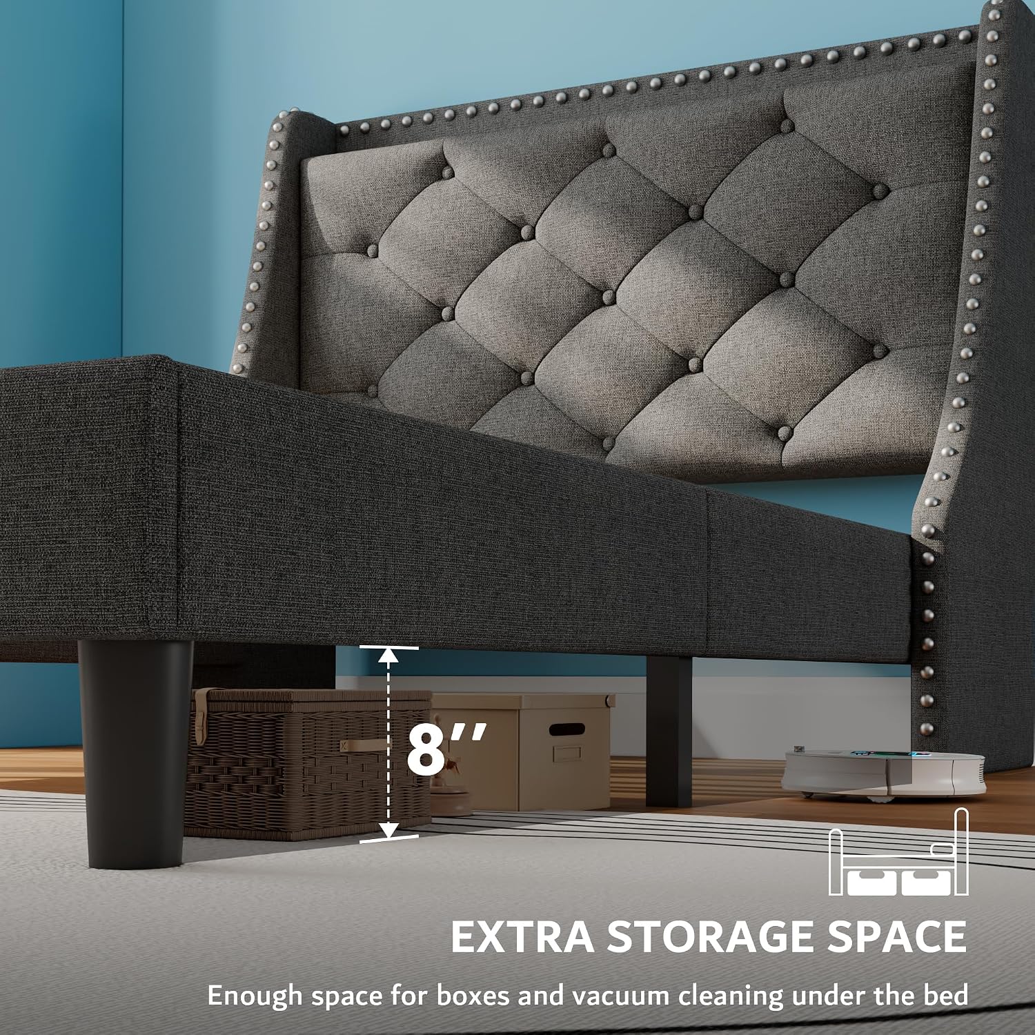 Image showing the 8-inch under-bed storage space with a basket and a robotic vacuum cleaner.