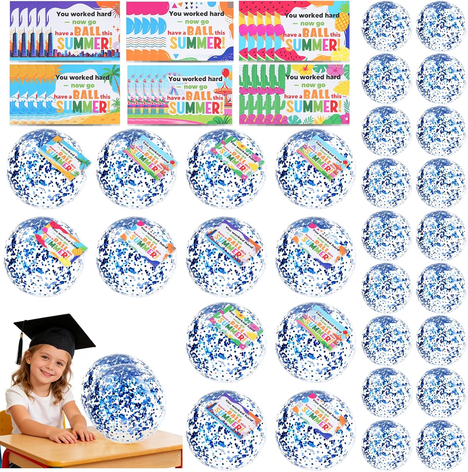 30 Pack End of Year Student Gifts from Teacher, Summer Beach Balls with Inspirational Card Tags, Kindergarten Graduation Party Favors, Bulk Beach Pool Goody Bag Supplies
