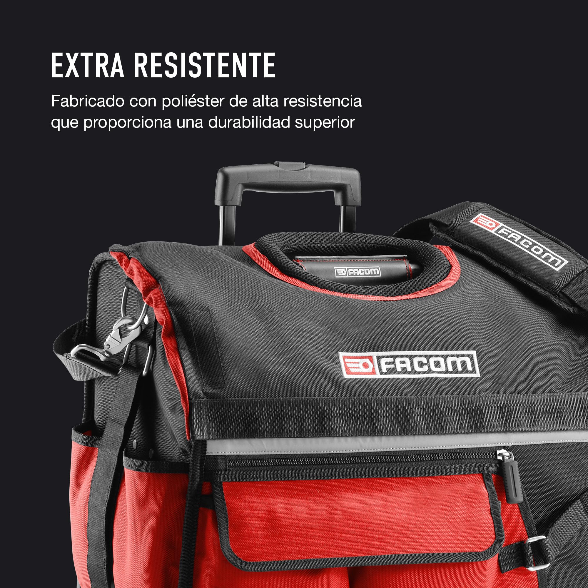 FACOM - Bolsa Portaherramientas Téxtil con Ruedas PROBAG, Compacta 14'', Organización Eficaz, 6 Bolsillos Externos, Acceso Inmediato, 33L de Capacidad, Ruedas de 90mm, Empuñadura Telescópica, BS.R20PB