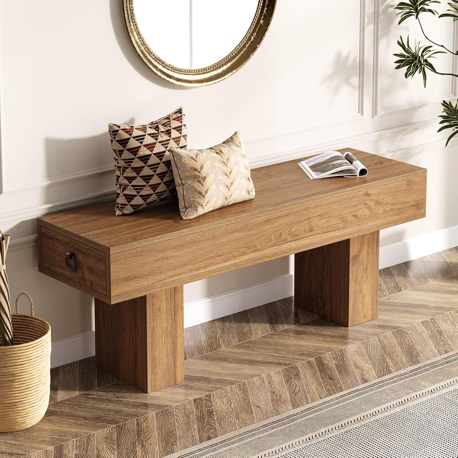 Tribesigns Wooden Entryway Bench, Farmhouse Shoe Storage Bench with 2 Drawers, 43" End of Bed Stool for Bedroom, Living Room, Dining Room, Walnut