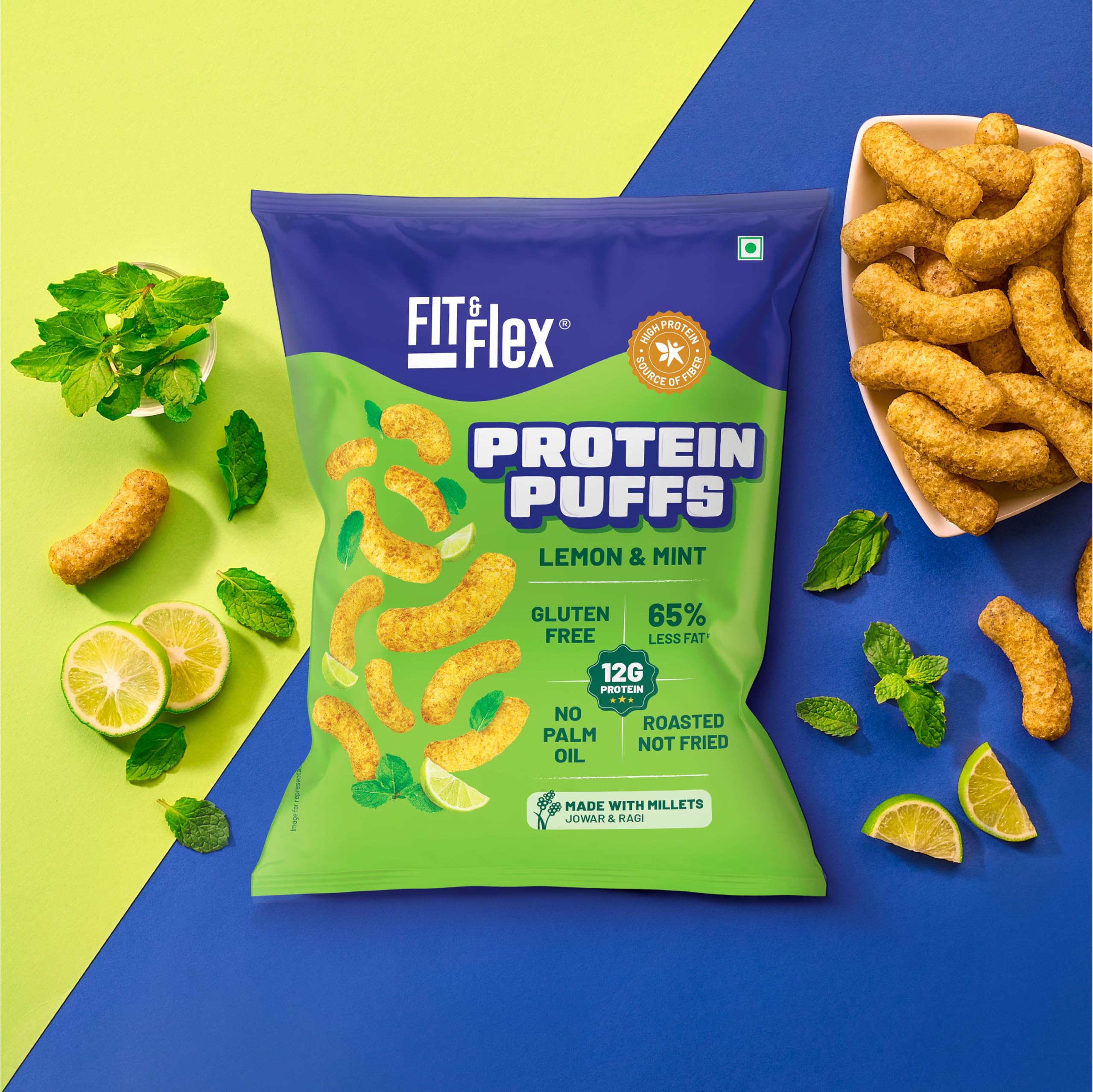 Fit & Flex Protein Puffs | Lemon & Mint | Jowar & Ragi Healthy Roasted Snacks | 12G Protein, Gluten free, No Trans-Fat, No Palm Oil | 55g x Pack of 6 3