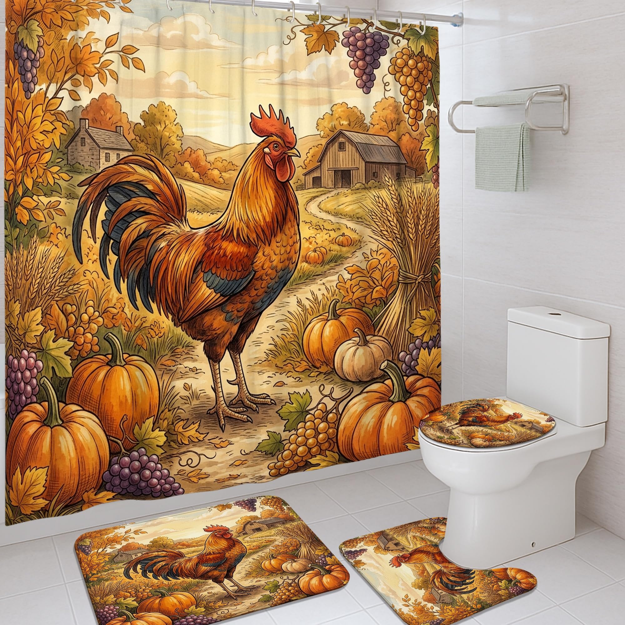 Rideau de douche rustique orange avec tapis de bain déco automne
