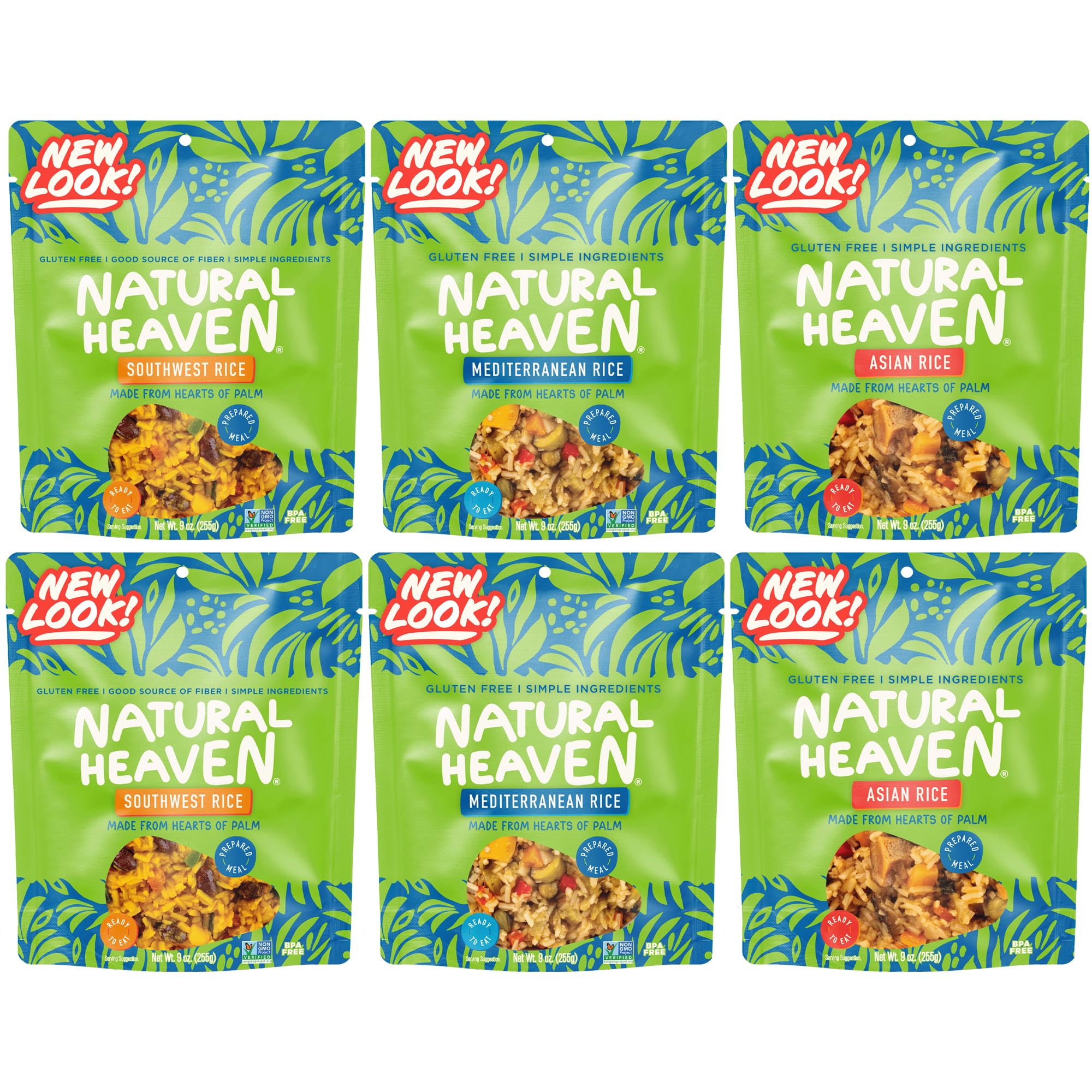 Natural Heaven Hearts of Palm Prepared Meals, Variety 6-Pack – Asian, Southwest & Mediterranean Ready Rice, New Delicious Recipes, Vegan Food, 9 Oz Pouches