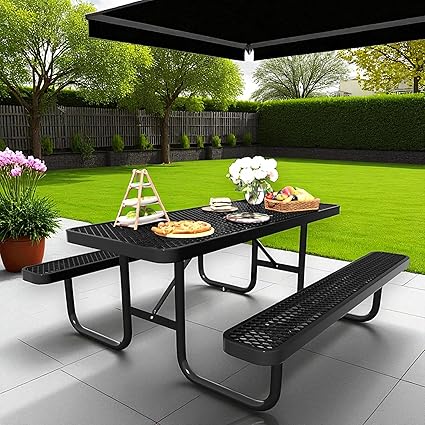 6 FT Metal Picnic Tables for Outside, Outdoor Coated Steel Heavy Duty Commercial Picnic Table with Benches, Patio Table Rectangular Furniture Set for Garden, Lawn, Shops, Parks