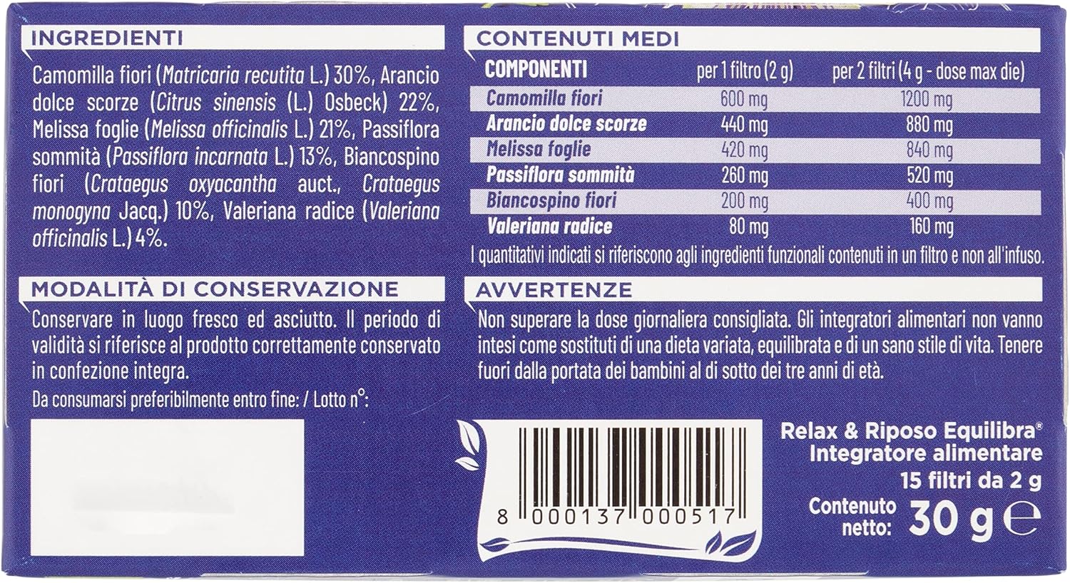 equilibra Integratori Alimentari Tisane, Tisana Relax e Riposo, 100% Ingredienti Funzionali, Favorisce il Sonno, con Camomilla, Passiflora e Valeriana, Materiali 100% Riciclabili, 3 Pezzi da 15 Filtri Blu - Immagine 4