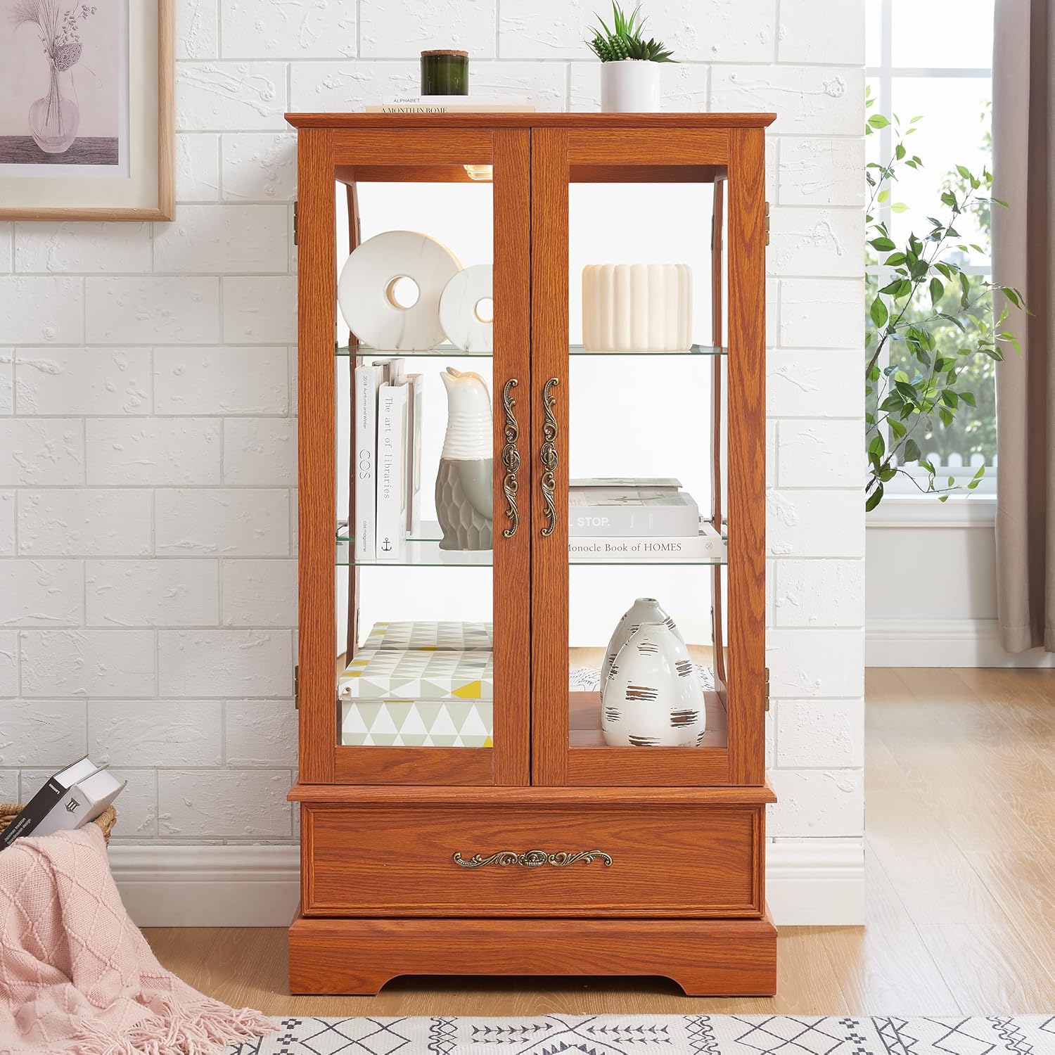 Lighted Glass Cabinet Curio Display Cabinet with Adjustable Tempered Glass Shelves, 2 Doors, 1 Drawer, Vintage Dark Oak Finish, Mirrored Back, Bulb Included, Anti-Tip Strap