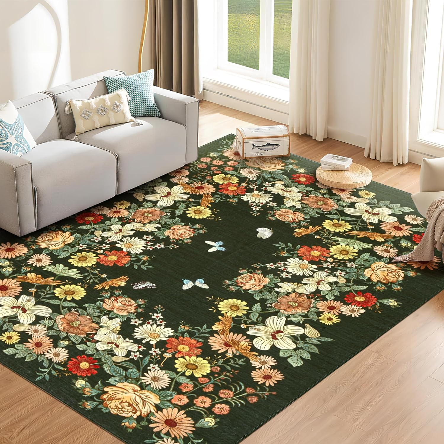 Garvee Rugs for Living Room 5x7, Washable Floral Area Rug Non Slip Soft, Low Pile Ultra-Thin Carpet for Bedroom, Kitchen, Dorm Room, Beige