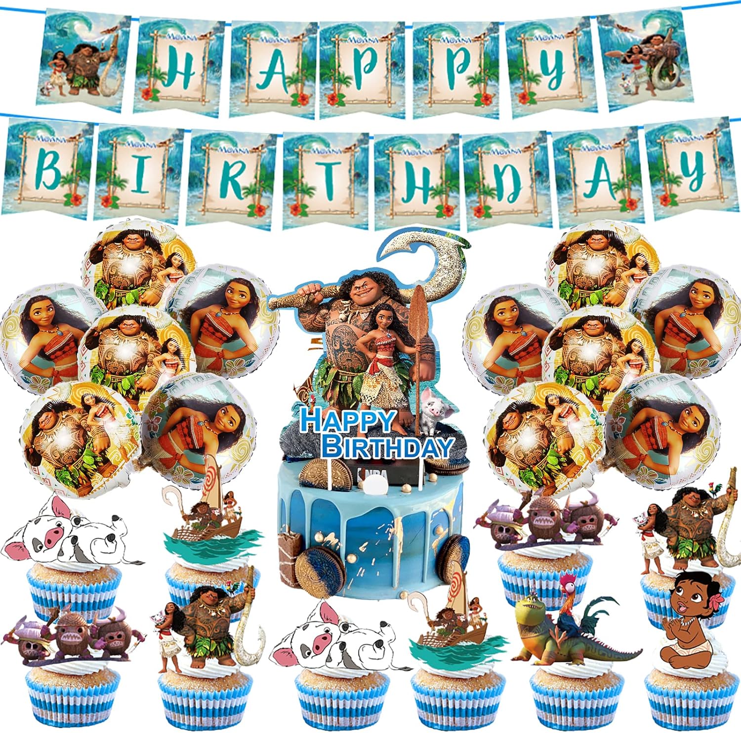 Moana Party Supplies Set,24 Pcs Small And1 Pcs Big Moana Cupcake Toppers,6 Foil