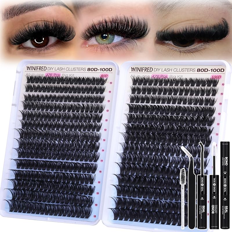 Kit de Cílios em Tufo Winifred 80D e 100D com Curvatura D, Pinça, Escova e Adesivo