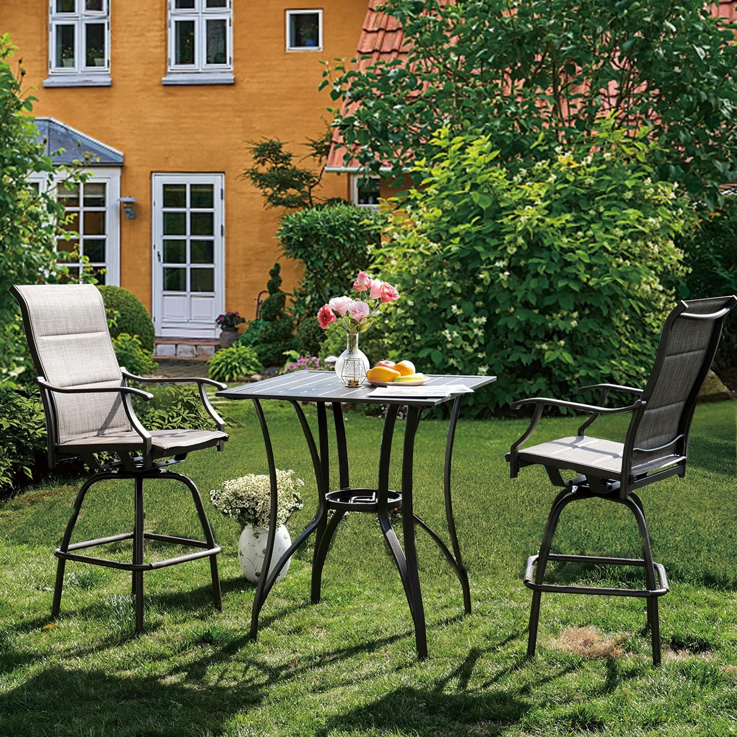 Welnow Outdoor Swivel Bar Height Patio Chairs Metal Height Bar Bistro Stools with All Weather Steel Frame, Brown, Set of 2: Kitchen & Dining