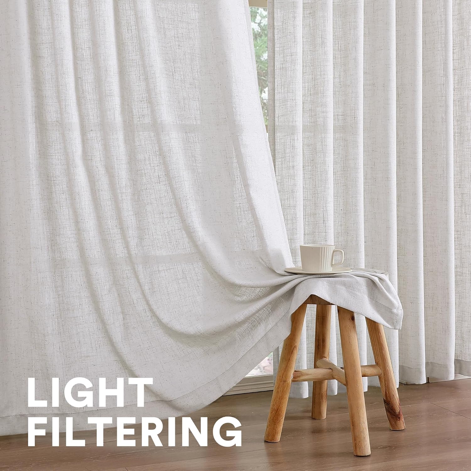 PrinceDeco Back Tab Linen Curtains 96 inches Long 2 Panel Set for Living Room White Semi Sheer Curtains Light Filtering Linen Drapes Provide Privacy Farmhouse Window Pinch Pleated Look Curtain