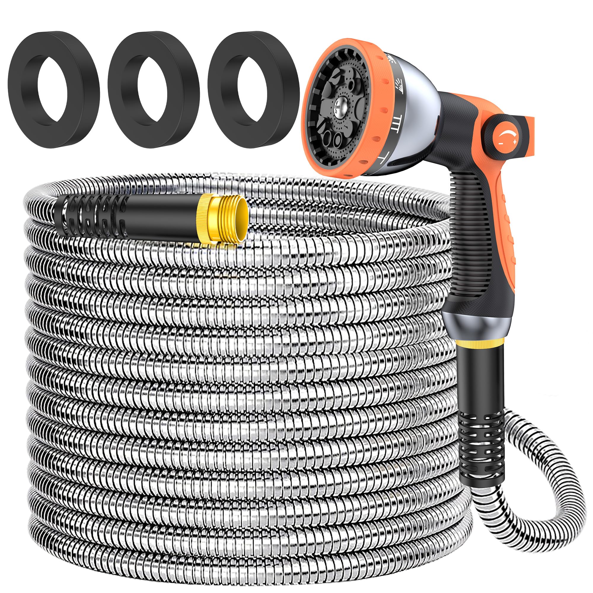 Stainless Steel Garden Hose, 3/4 Inch, High Pressure, Kink-Free Design, Flexible Metal Water Pipe (100 foot orange upgraded version)