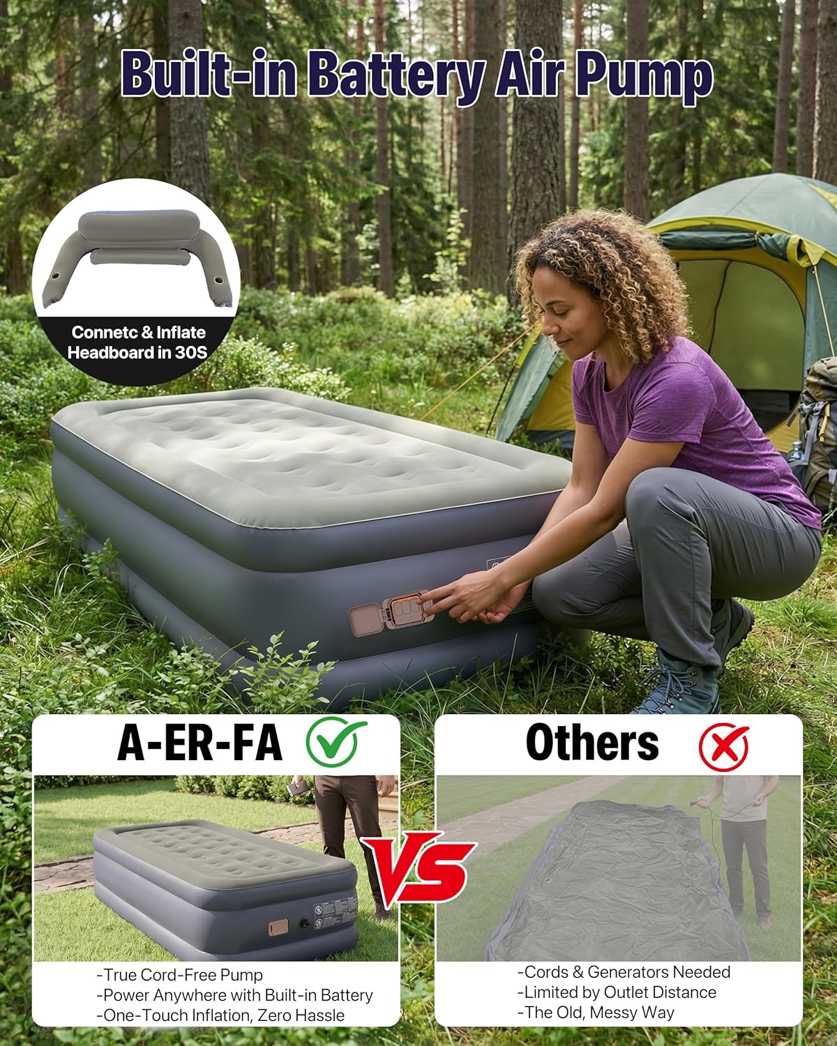 A-ER-FA Twin Air Mattress Built in Pump 20" Raised Comfort Inflatable Mattress with Headboard & Cup Holders, Fast & Easy Inflation Air Bed Twin XL Blow Up Mattress for Home, Guest, Camping, Outdoor