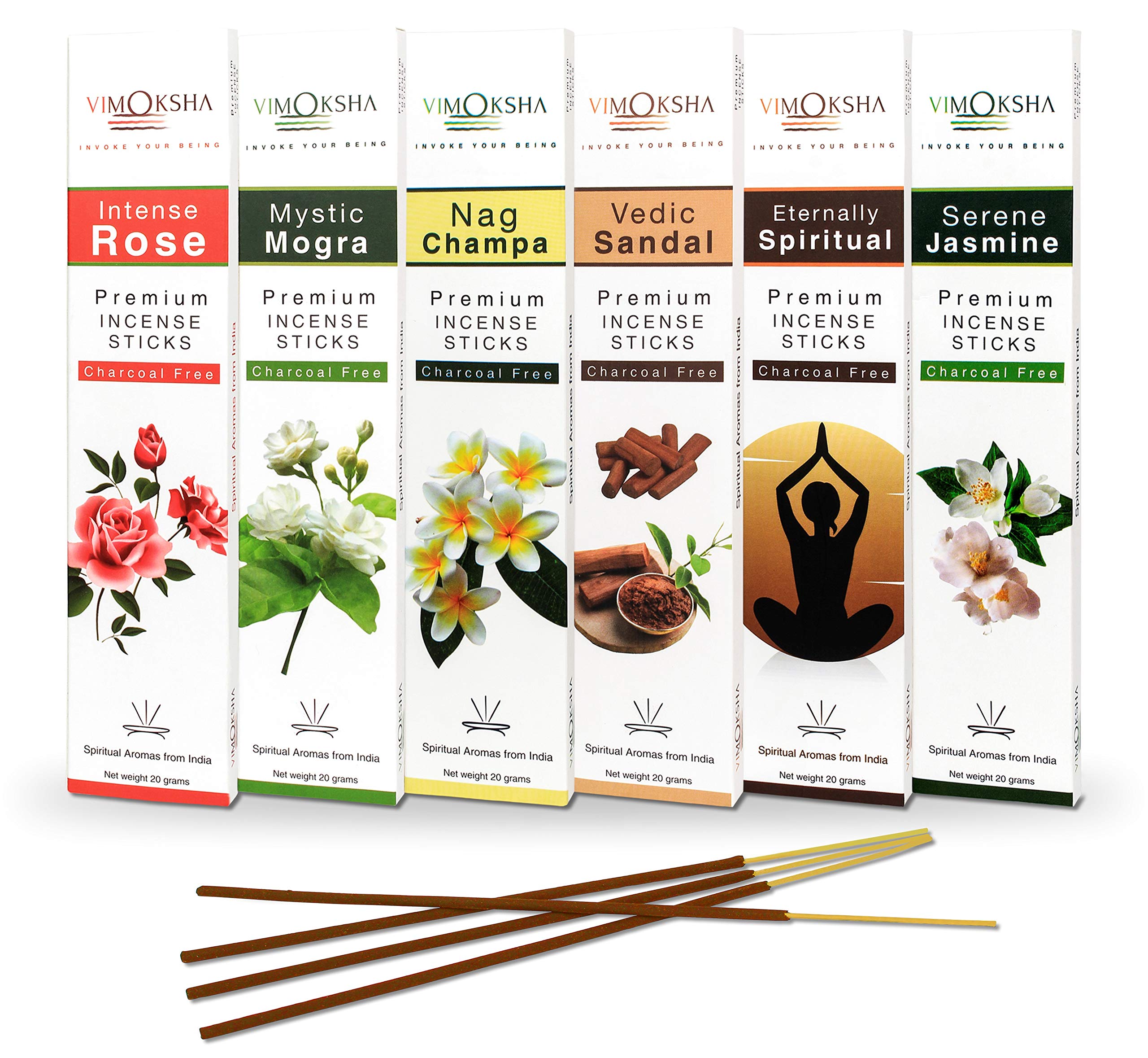 Vimoksha Incense Stick | Agarbatti | Pack of 6 | 100% Natural | Exotic Aroma | Rose, Sandalwood, Mogra, Spiritual, Jasmine, Nag Champa | 90 Sticks 108GM | 6 Indian Fragrance x 15 Each