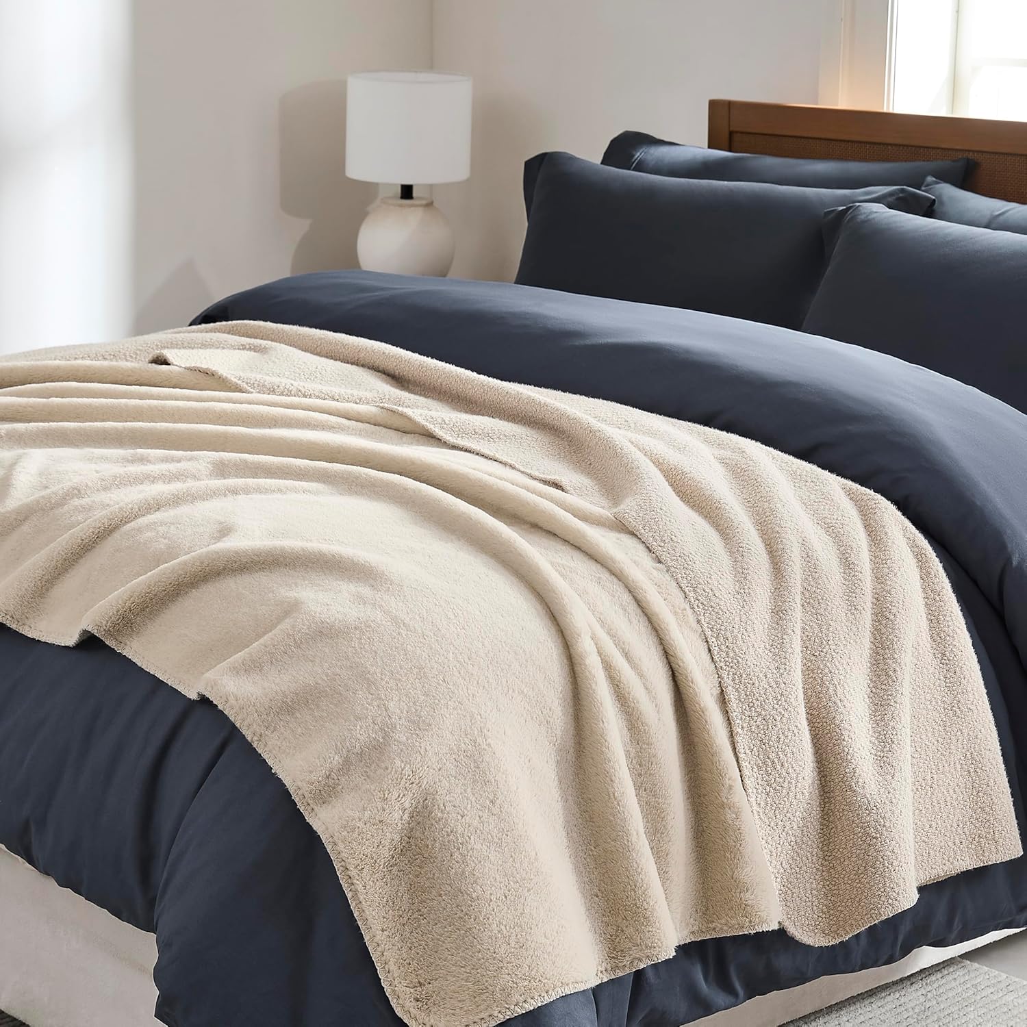 WDCOZY Beige Faux Rabbit Fur Throw Blanket, Neutral Soft Fluffy Fuzzy Throw for Couch Sofa Bed Chair, Cozy Decorative Blanket, Thick and Warm, Winter Living Room Decor, Small 50x60 inches