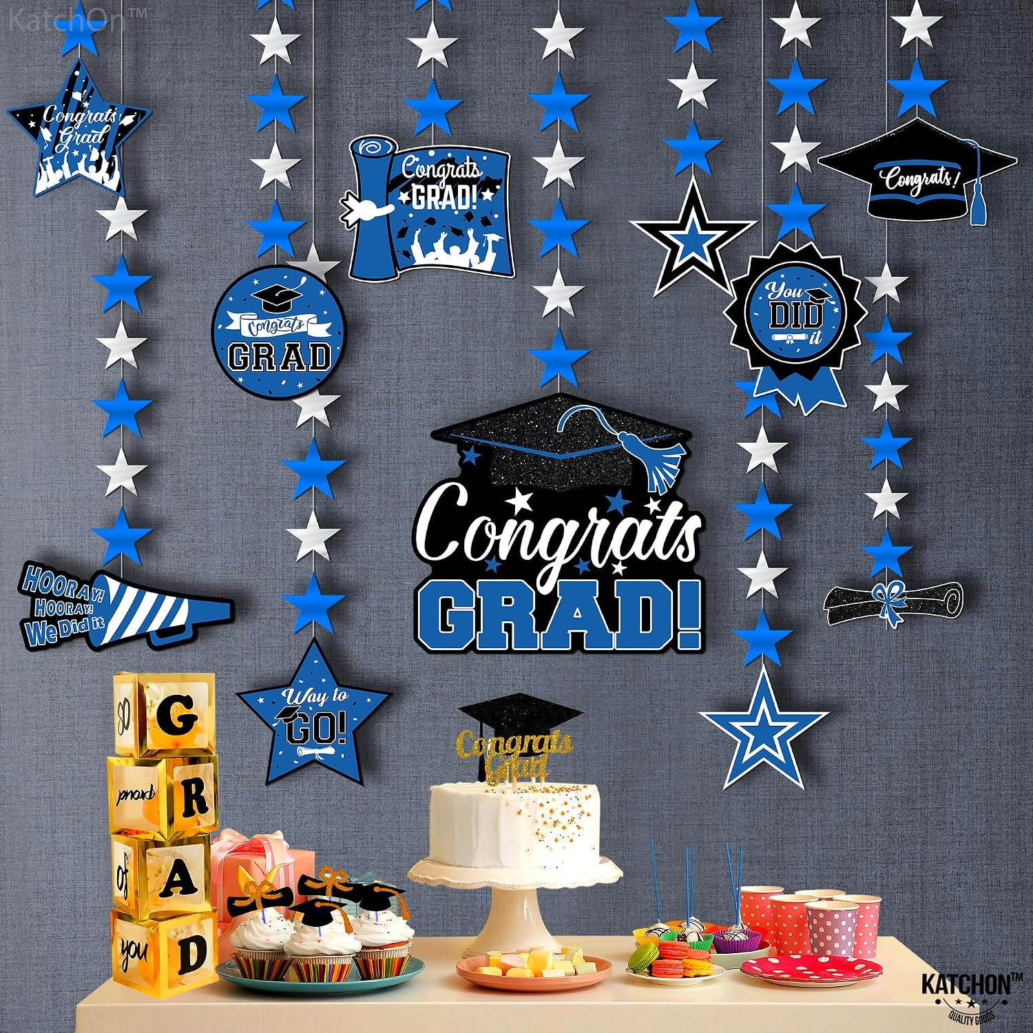 KatchOn, Graduation Garland Class of 2026-12 Strings, No DIY | Graduation Hanging Swirls, Black and Blue Graduation Decorations 2026 | Graduation Cap Garland for 2026 Graduation Party Decorations
