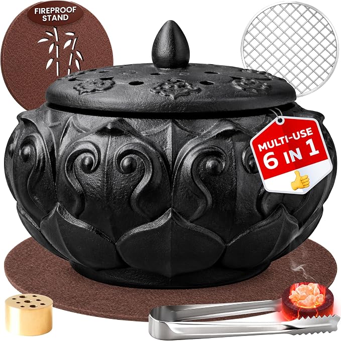 Large Incense Burners for Resin, Frankincense & Bakhoor – Heat-Resistant Ceramic Incense Burner kit for Charcoal Disk, Sticks & Cones with Mess-Free Ash Catcher for Home Fragrance, Relaxation Use