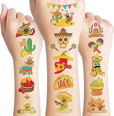 8 Sheets (96PCS) Mexican Tattoos Temporary Taco Twosday Theme Birthday Party Decorations Favors Supplies Stickers For Kids Boys Girls Gifts Classroom School Prizes Rewards