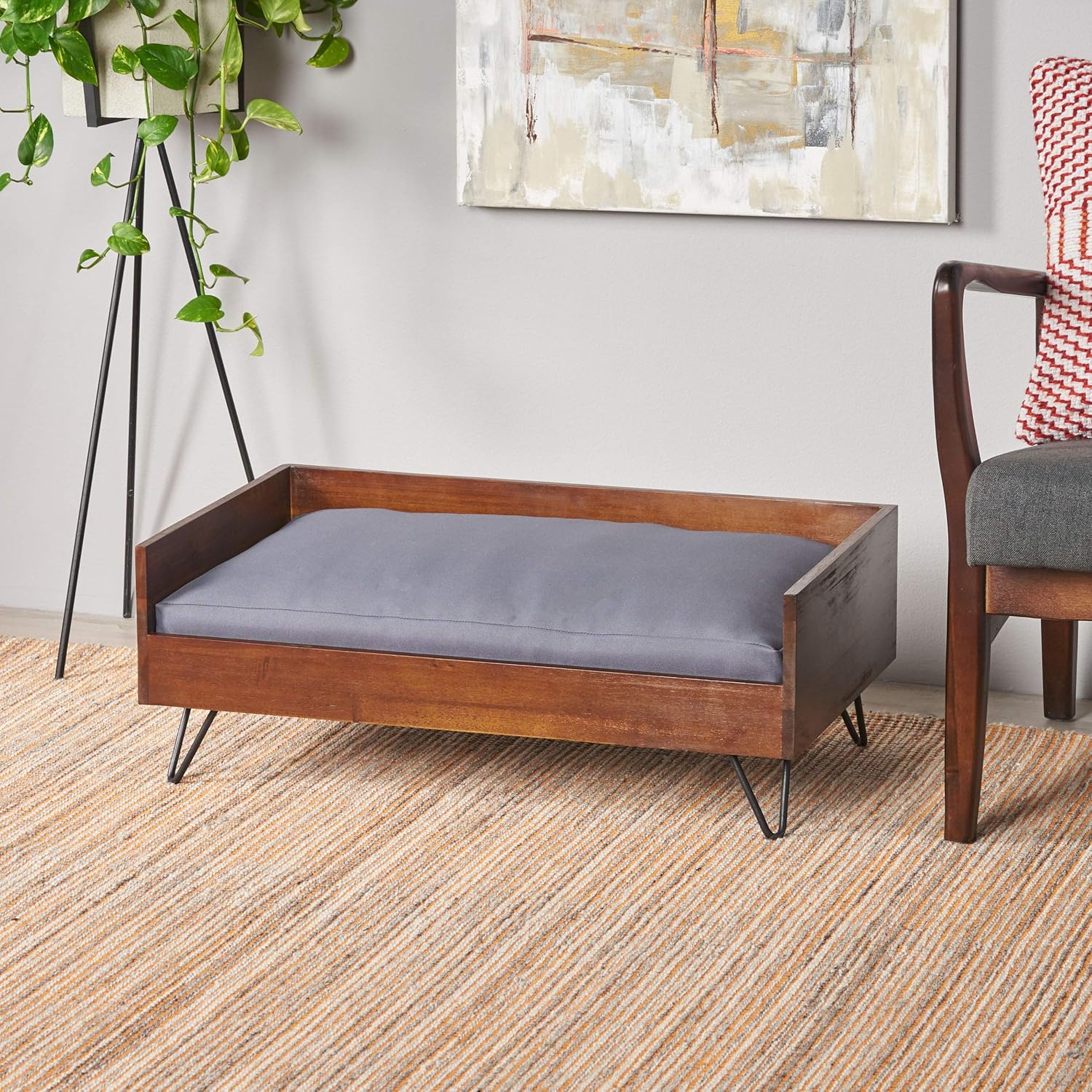 GDFStudio Mid Century Modern Pet Bed with Acacia Wood Frame, Dark Oak and Dark Gray