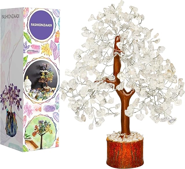 FASHIONZAADI Clear Quartz Gemstone Tree For Feng Shui Bonsai Reiki Healing Crystals Money Trees Chakra Balancing Stone Good Luck Crystal Home Decoration Table showpiece size 10-12 inch (Silver Wire)